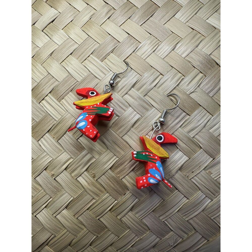 Red Rooster Alebrije Earrings Hand Carved Painted Wood Oaxaca Mexican Folk Art